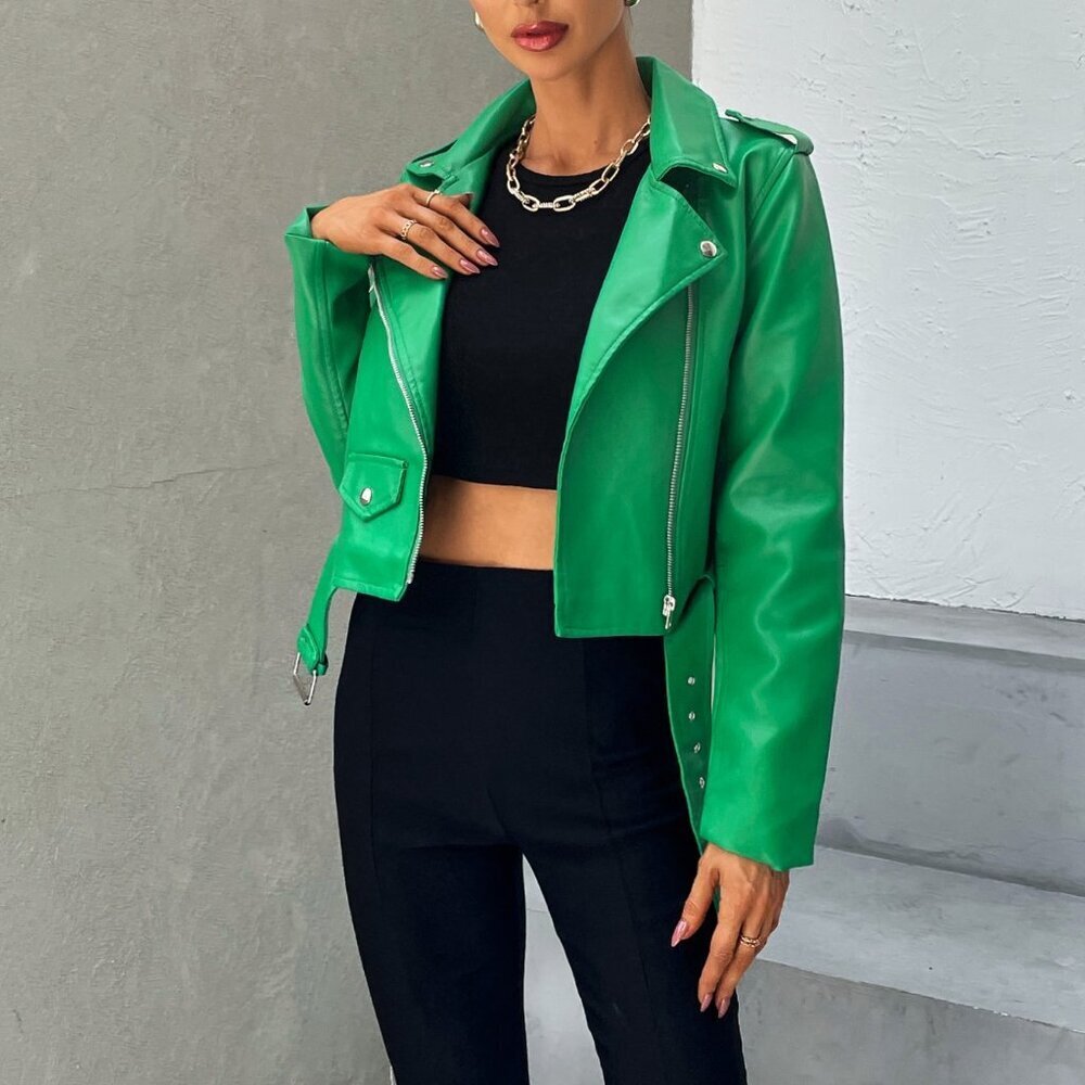 Green Casual Women's Zip Up Belted Pu Moto Jacket - Picture 5 of 7